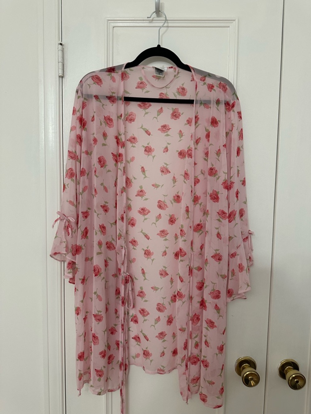 Sheer Pink Rose-print Kimono Robe